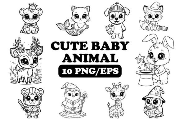 Download Cute Baby Animal Line Art Vector Png Set - Baby Collection