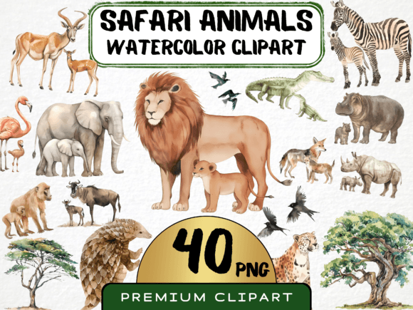 Download Watercolor Safari Animals Clipart 40 PNG - Safari animal Collection