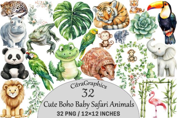 Download Watercolor Cute Boho Baby Safari Animals - Safari animal Collection