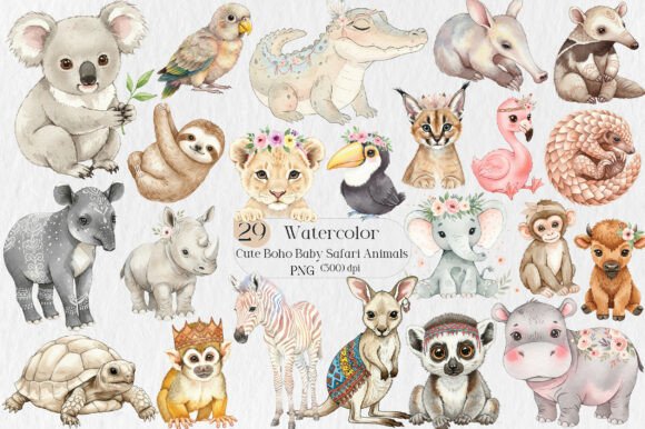 Download Watercolor Cute Boho Baby Safari Animals - Safari animal Collection