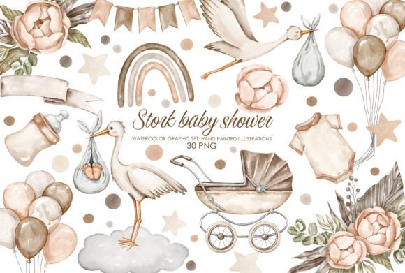 Download Watercolro Stork Baby Shower Clipart - Baby Collection