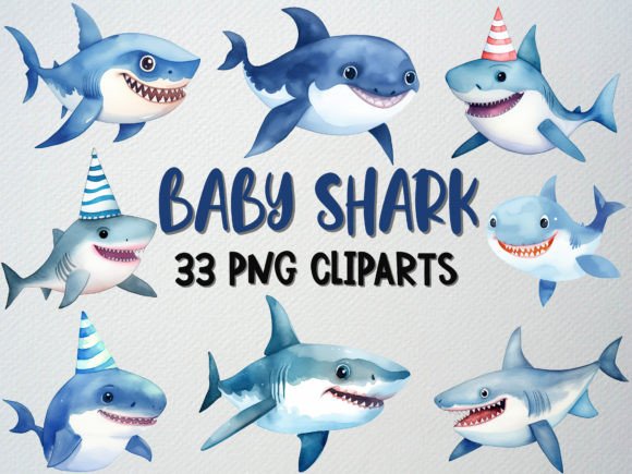 Download Watercolor Baby Shark Clipart Set, 33 PNG - Baby Collection