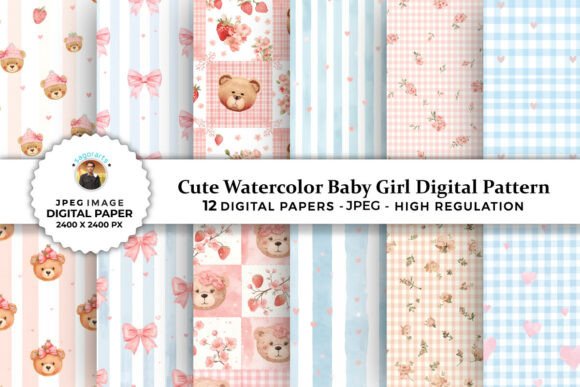 Download Cute Watercolor Baby Girl Digital Papers - Baby Collection